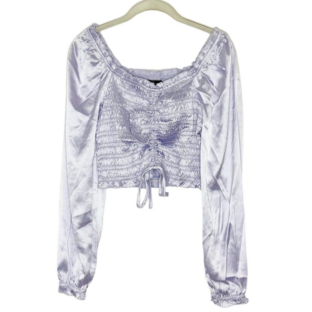 Japna Purple Satin Smoked Long Sleeve Cropped Top Blouse Size M New